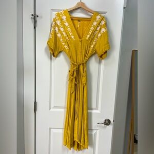 Free People Love to Love You Mustard Yellow Embroidered Button-Up Midi Dress XS